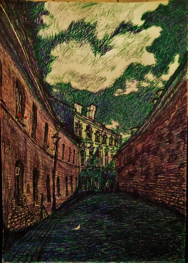 "VILNIUS, ŠV. DVASIOS STREET"(liners, pens, paper 29,7х42 cm)