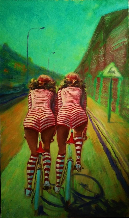 "CIAO HELMUT!" (oil on hardboard, 36,5 х 61 сm). €350. Hommage a H. Newton. Sold.