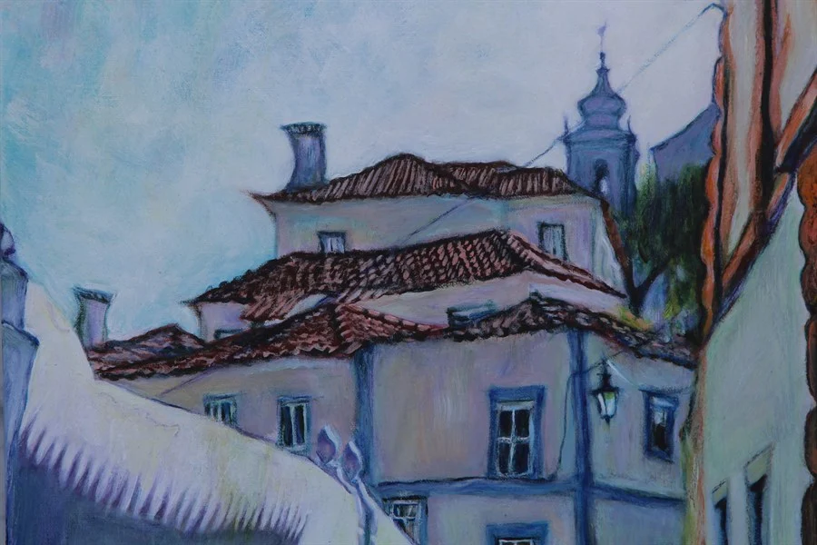 "ALENQUER, R. DO AMORIM LIMA, OR THE WINGED TOWN". FRAGMENT. (acrylic on canvas, 60х80 cm). €850.