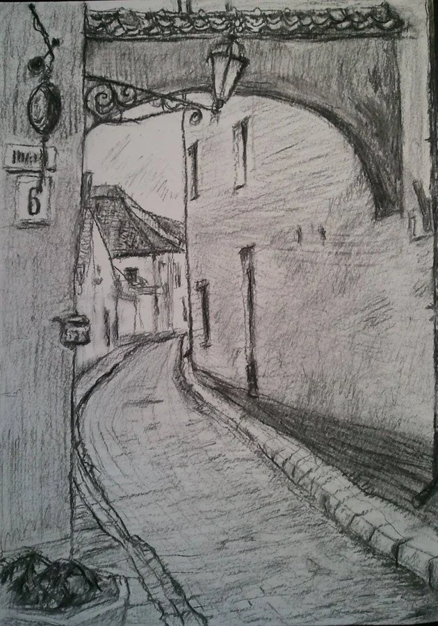 «VILNIUS, BERNARDINU STREET» (charcoal, paper, 29,5х21 cm). SOLD.