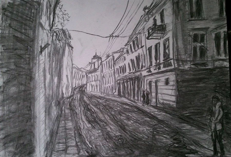 «VILNIUS, ST. JONO STREET» (charcoal, paper, 29,5х21 cm).