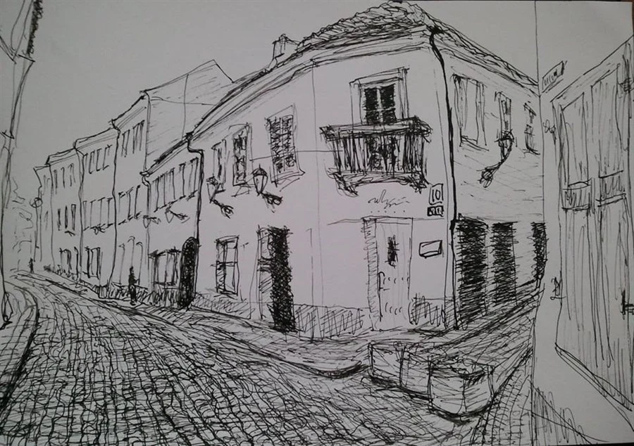 «VILNIUS, THE CORNER STIKLIU AND ANTOKOLSKIO STREETS» (ink, paper, 29,5х21 cm).