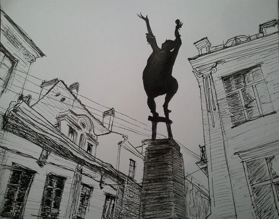 «VILNIUS, ST. JONO STREET, OR THE LAMPLIGHTER» (ink, paper, 29,5х21 cm).