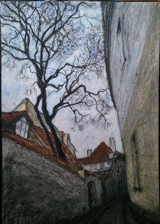 «VILNIUS, SKAPO STREET, OR THE FIRST DROPS» (ink, pastel, paper, 29,5х21 cm). SOLD. Price of certified author's copy - €