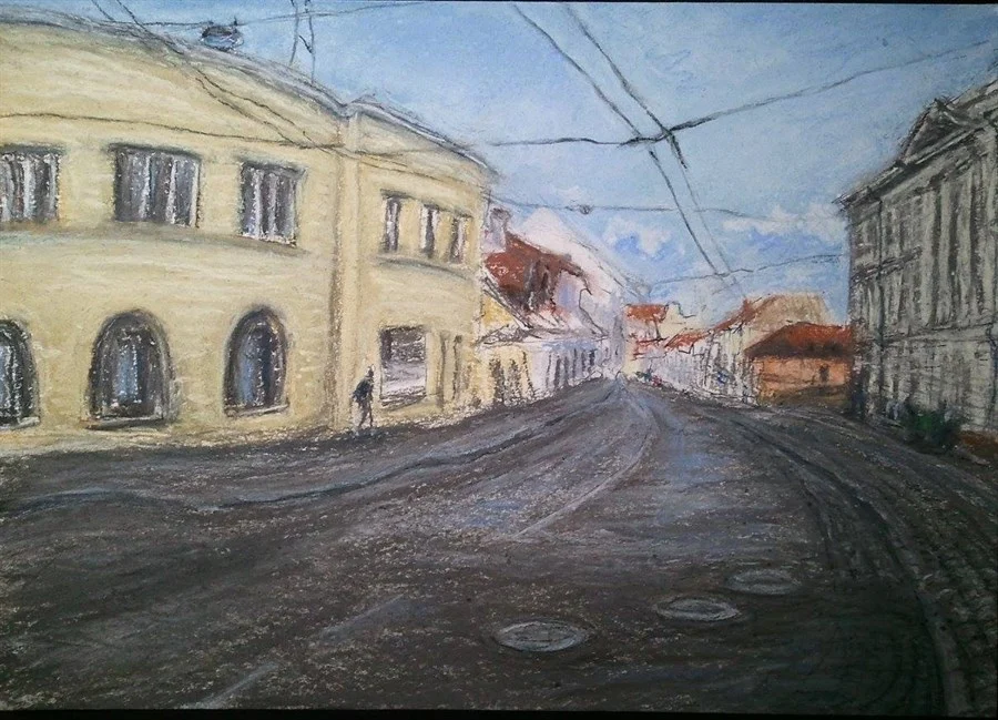 "VILNIUS, BASANAVICHIAUS STREET" (pastel, paper, 29,5х21 cm). SOLD. Price of certified author's copy - €150.