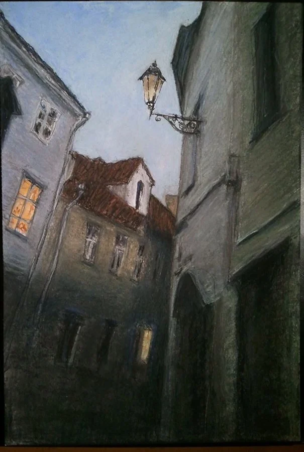 «VILNIUS, LITERATU STREET, OR THE FIRST LIGHTS» (ink, pastel, paper, 29,5х21 cm). Price of original - €250, price of cer