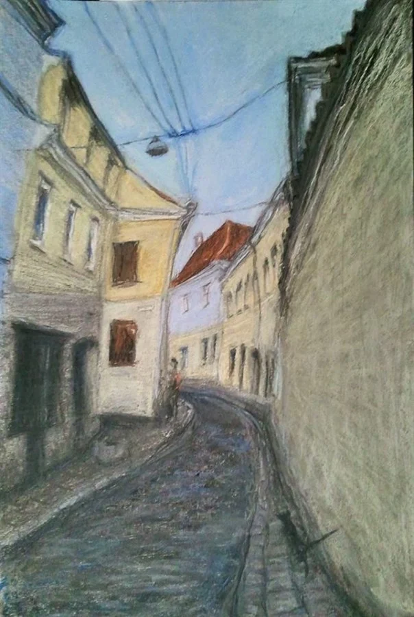 «VILNIUS, SKAPO STREET, OR THE MAN AND THE CAT» (pastel, paper, 29,5х21 cm). SOLD. Price of certified author's copy - €2
