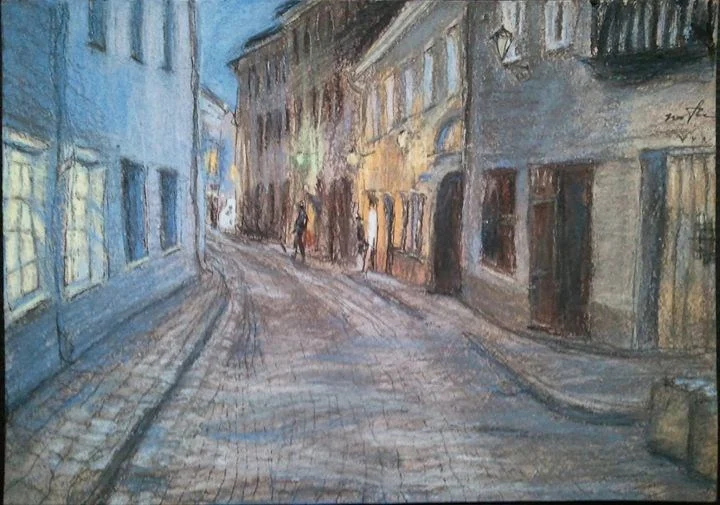 «VILNIUS, STIKLIU STREET, OR THE EVENING CAME» (ink, pastel, cardboard, 29,5х21 cm) SOLD. Price of certified author's co