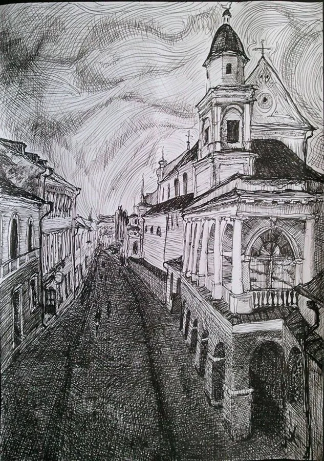 «VILNIUS, AUSHROS VARTU STREET» (ink, paper, 29,5х21 cm)