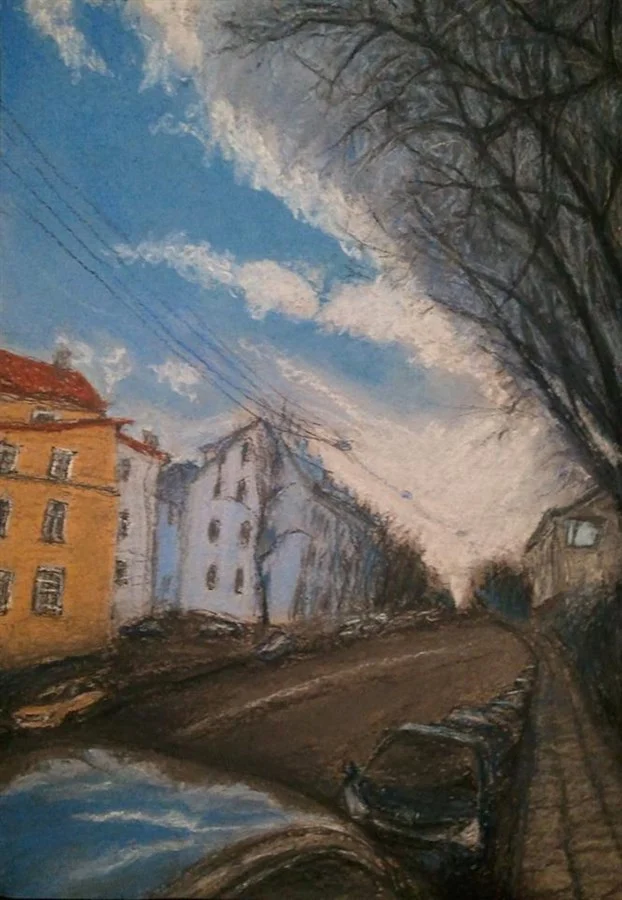 «VILNIUS, NAUGARDUKO STREET, OR THE CLOUD» (ink, pastel, paper, 29,5х21 cm) SOLD. Price of certified author's copy - €2
