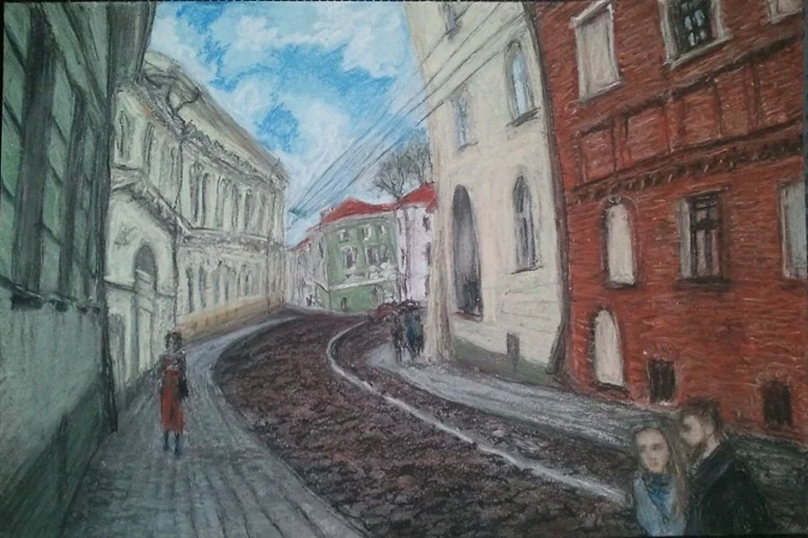 «VILNIUS, UNIVERSITETO STREET» (ink, pastel, paper, 29,5х21 cm) SOLD. Price of certified author's copy - €200.