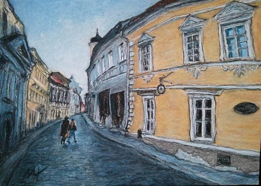 «VILNIUS, DOMINIKONU STREET» (ink, pastel, paper, 29,5х21 cm) SOLD. Price of certified author's copy - €200.