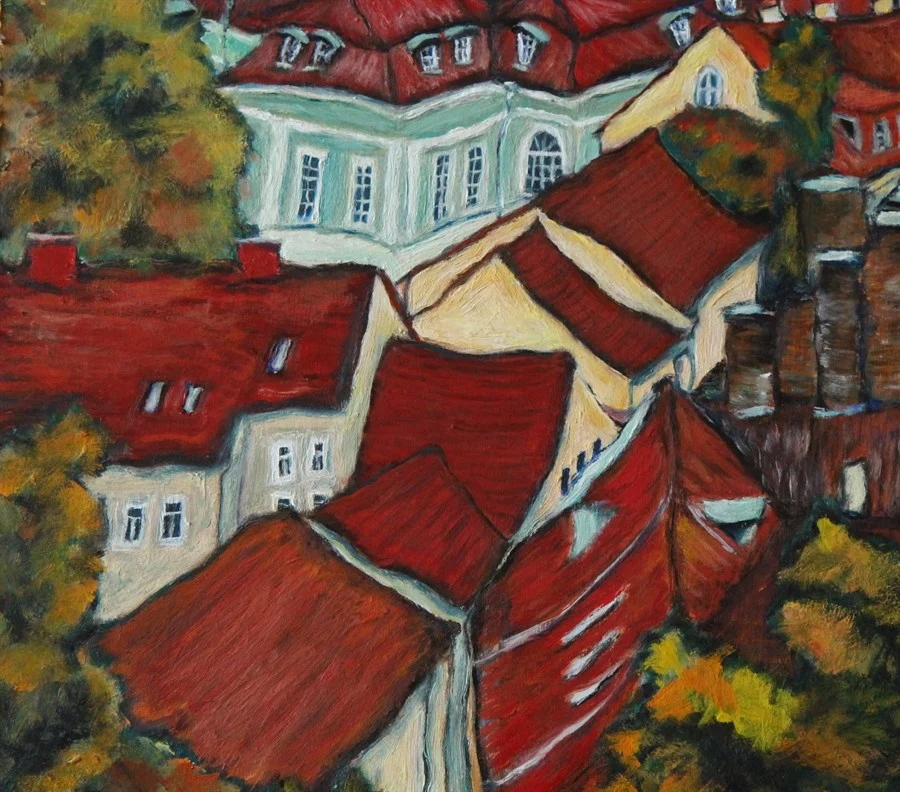 «AUTUMN IN VILNIUS». FRAGMENT (oil on hardboard, 62x41cm). Price of original painting - €750. Sold.