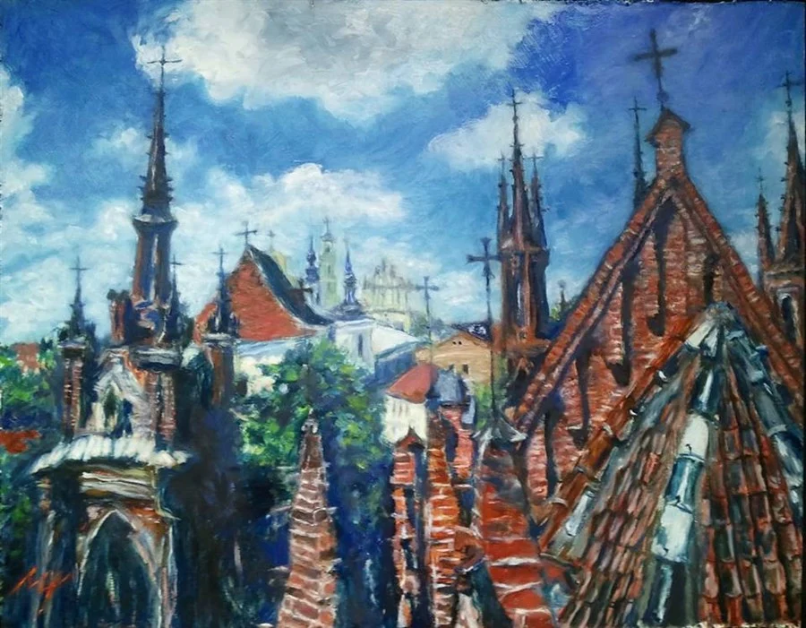 «VILNIUS, MAIRONIO STREET, OR THE FLAMBOYANT ARCHITECTURE» (From series "108") (oil on hardboard, 40x50cm). Original pai